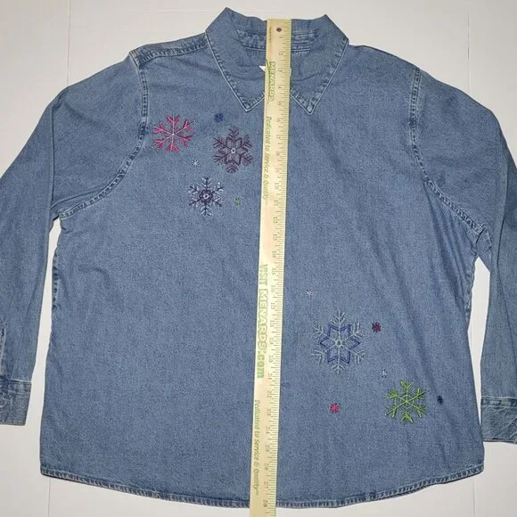 C.J. Banks Womens Blue Denim Long Sleeve Button Up Embroidered Jacket Size 1X - Picture 13 of 13